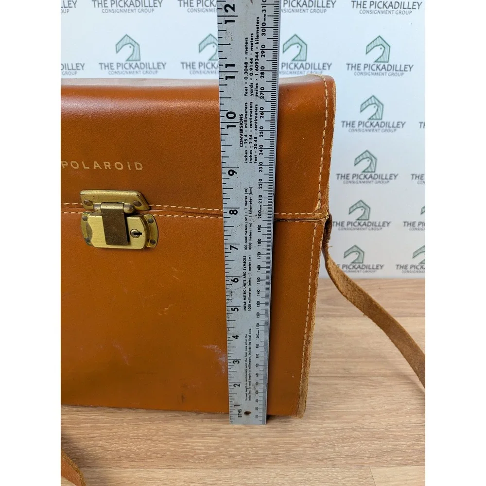 Vintage Polaroid Tan Leather Camera Case Box Bag Adjustable Strap Gold Hardware